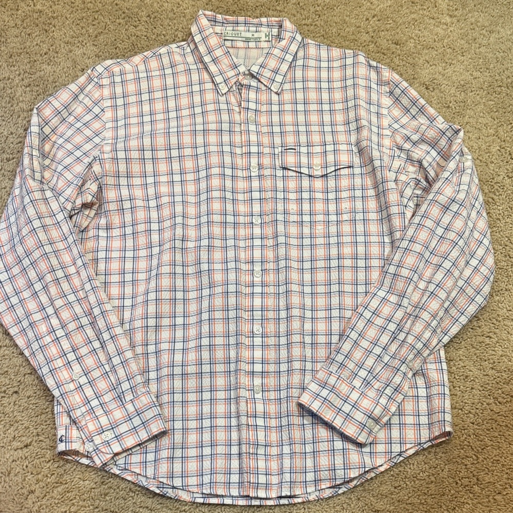 Criquet Men's Plaid Button-Down Shirt in White, Blue & Orange